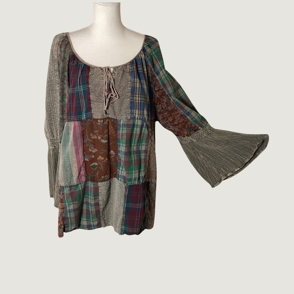 Young Threads Patchwork Tunic Top Womens L Olive Green Boho Plaid Bell Sleeve